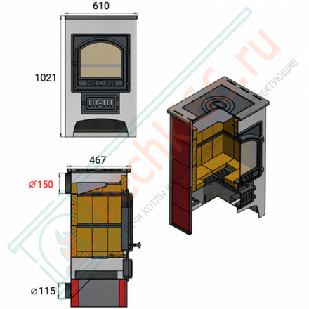 Печь-камин ПК-01-205, с плитой, Т/О, красный (Везувий)