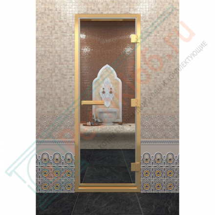 Стеклянная дверь DoorWood «Хамам Прозрачная» в золотом профиле 1900х700 (по коробке)