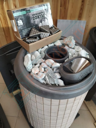 Печь для бани Атмосфера XL+, усиленная каменка, ламели "Окаменевшее дерево" (ProMetall)