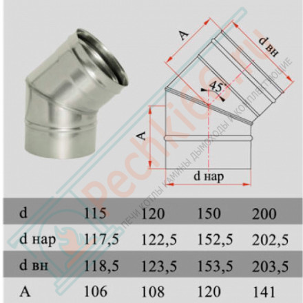 Отвод 45° без изол (НЕРЖ-321/0,8) d-300 (Дымок-Lux)