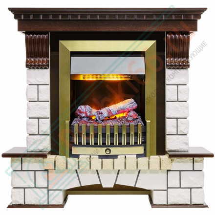 Каминокомплект электрический Pierre Luxe угловой - Темный дуб / Белый (Высота 1050мм) с очагом Danville Antique Brass FB2 (Dimplex)