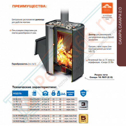 Печь для бани Сахара-16 ЛКП Профи (2.0), с парообразователем (Теплодар)
